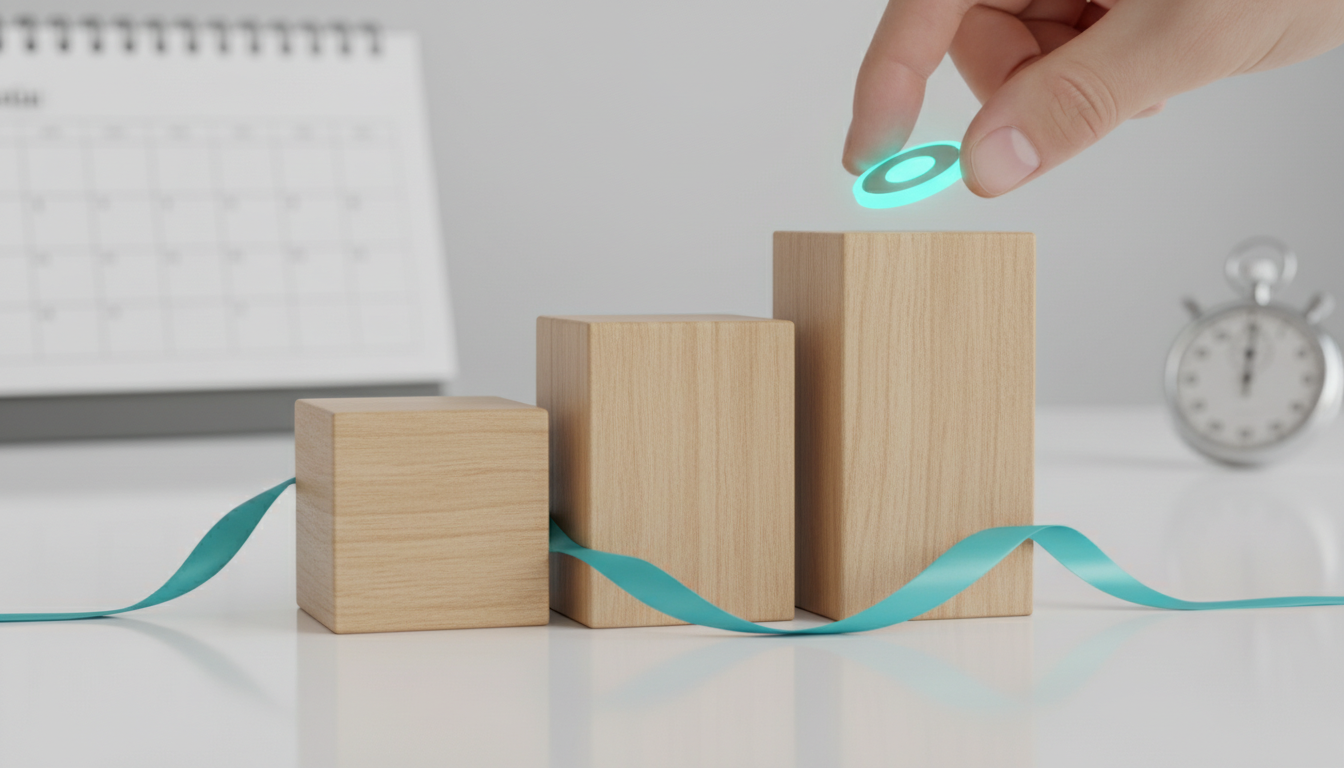 Action-oriented studio shot visualizing '21/45/90-day acceleration sprints': three wooden blocks of different heights (short / medium / tall) grouped on a white table to imply short/medium/long timelines, a hand places a small glowing cyan token onto the shortest block to show sprint acceleration, blurred calendar and stopwatch props in the background for context (no legible text), clean modern styling, cyan used sparingly as glow and a ribbon accent (10-20%), no numbers or labels visible, 16:9 aspect ratio