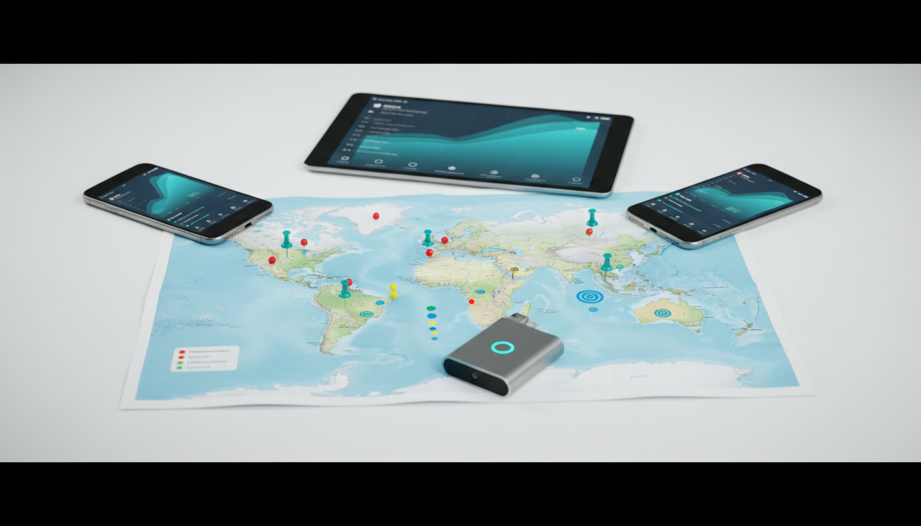 Monitoring and measurement photographic scene for 'Measurement Framework and Signal Velocity': wide-angle tabletop with three smartphones and a tablet showing blurred charts and citation markers (intentionally unreadable), a paper world map with cyan pushpins on cities, colored dot stickers indicating mention rate and latency, a compact USB telemetry device with a cyan status LED, professional modern aesthetic, white background, cyan accents subtle and limited to UI highlights and pins, no text anywhere in frame, 16:9 aspect ratio