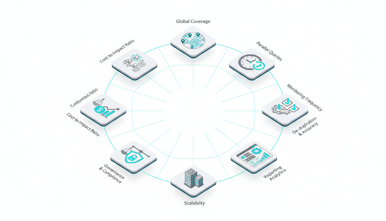 Body image for 'Decision Criteria for AI Brand Mention Monitoring Tools' — Nine-criteria tile map: isometric technical illustration of nine distinct floating tiles arranged in a circular/radial layout, each tile with a clear, unique iconographic motif representing a specific decision dimension (globe with city pins for coverage, parallel stacked workers for parallel queries, clock/refresh for frequency, verification check cluster for de-duplication/accuracy, gear-and-publish arrow for automation, multi-tenant building for scalability, chart/dashboard for reporting, shield/lock for governance, scale/dollars for cost-to-impact) — tiles connected by thin linking lines to show evaluation flow, subtle cyan (#00D9FF) accents on 1–2 elements per tile (10–15% of composition), white background, clean vector/technical aesthetic, no text, this image specifically visualizes the article's nine decision criteria and cannot be reused generically, 16:9 aspect ratio