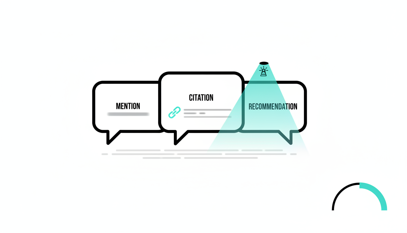 Understanding mentions vs citations: a technical vector illustration on white background showing three stacked speech-bubble cards (same visual scale): left card represents a plain 'mention' (highlighted name placeholder as a short blurred line), middle card represents a 'citation' by including a discrete link-chain glyph and a small blurred URL-like bar (abstract shapes only, no readable text), right card represents a 'recommendation' with a spotlight beam and a subtle star/beacon icon. Include a faint contextual snippet as gray horizontal lines (blurred, unreadable) and a confidence meter visualized as a semicircle dial (no numbers). Use black outlines and #00D9FF accents (10-20%), clean modern vector style, no text or labels, 16:9 aspect ratio