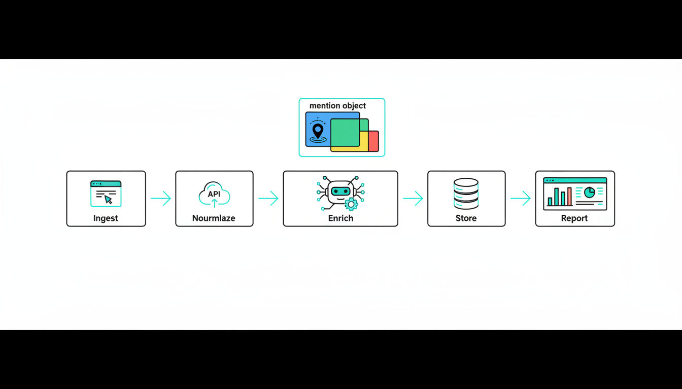 Extraction pipeline architecture: a detailed technical diagram-style illustration on white background visualizing five connected modules as distinct icon tiles (ingest, normalize, enrich, store, report) &mdash; do NOT include text labels; instead use representative icons: small browser window, API/cloud node, headless-browser robot, gear with neural lines, database cylinder, analytics dashboard. Connect tiles with directional arrows and show a translucent 'mention object' card hovering above the pipeline composed of empty colored rectangles representing JSON fields and a tiny city pin and locale ring to imply geographic precision. Use subtle #00D9FF highlights (10-20%), consistent black strokes, professional modern vector aesthetic, no readable text or labels, 16:9 aspect ratio