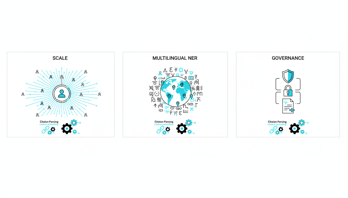 Capabilities comparison / product tiles: a split technical illustration on white background with three distinct product cards that could only belong to this article &mdash; left card emphasizes scale with many thin parallel cyan threads converging to a central worker hub (implies 150 parallel workers and real-time querying), middle card emphasizes multilingual NER with abstract character glyphs from different writing systems rendered as decorative shapes (not readable words) plus a globe dotted with city pins, right card emphasizes governance with a shield, lock, and audit-log stacked icons. Each card has different visualization of citation parsing (small chain icons) and automation (webhook/gear motifs). Unified vector style, black outlines, restrained #00D9FF accenting (10-20%), no text, no logos, 16:9 aspect ratio