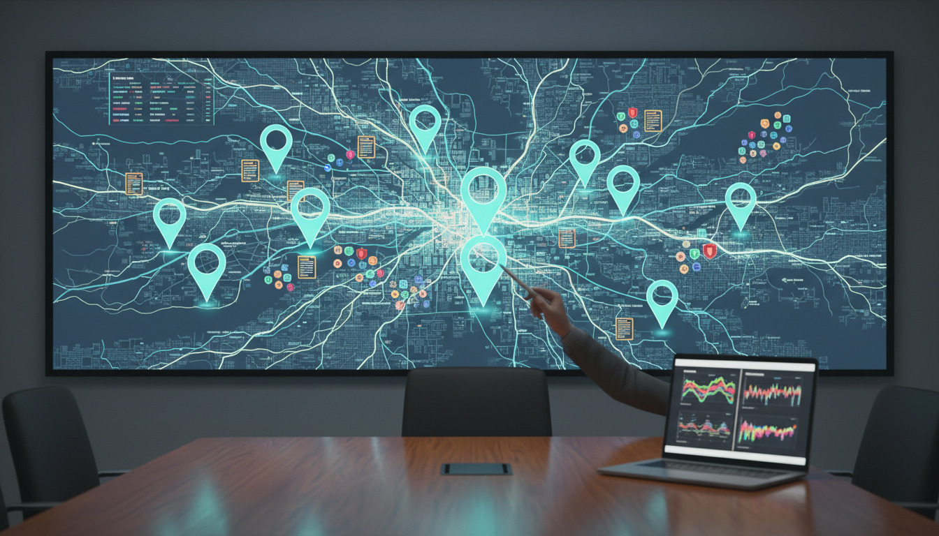 Conference room map view showing city‑level monitoring: a large map on a screen with ten highlighted city pins, each pin emitting small clusters of tiny document and badge icons in varied colors to represent language‑specific citation networks and freshness differences; a hand with a stylus points to one pin while a laptop beside the screen displays synchronized before/after verification snapshots (visual only), high‑detail photo‑realistic composition, subtle cyan accents on pins and UI elements (#00D9FF), no visible text or logos, 16:9 aspect ratio