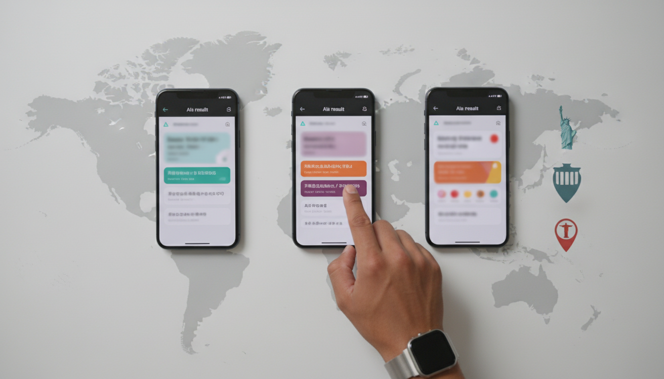 Why AI Search Results Vary by Country and Language &mdash; scene that can only belong to this article: three smartphones laid on a neutral white table above a faint printed world map, each screen showing a different blurred AI-chat style result card (visually distinct layouts and imagery to imply different engines) with abstract unreadable glyphs to suggest different languages; next to each phone a small country map pin (visually indicating New York / Berlin / S&atilde;o Paulo) and tiny cyan accents on one corner of each screen to tie to brand color; a multicultural analyst's hand points at one phone to show comparison testing; natural soft studio light, no readable text or logos, professional modern photographic style, 16:9 aspect ratio