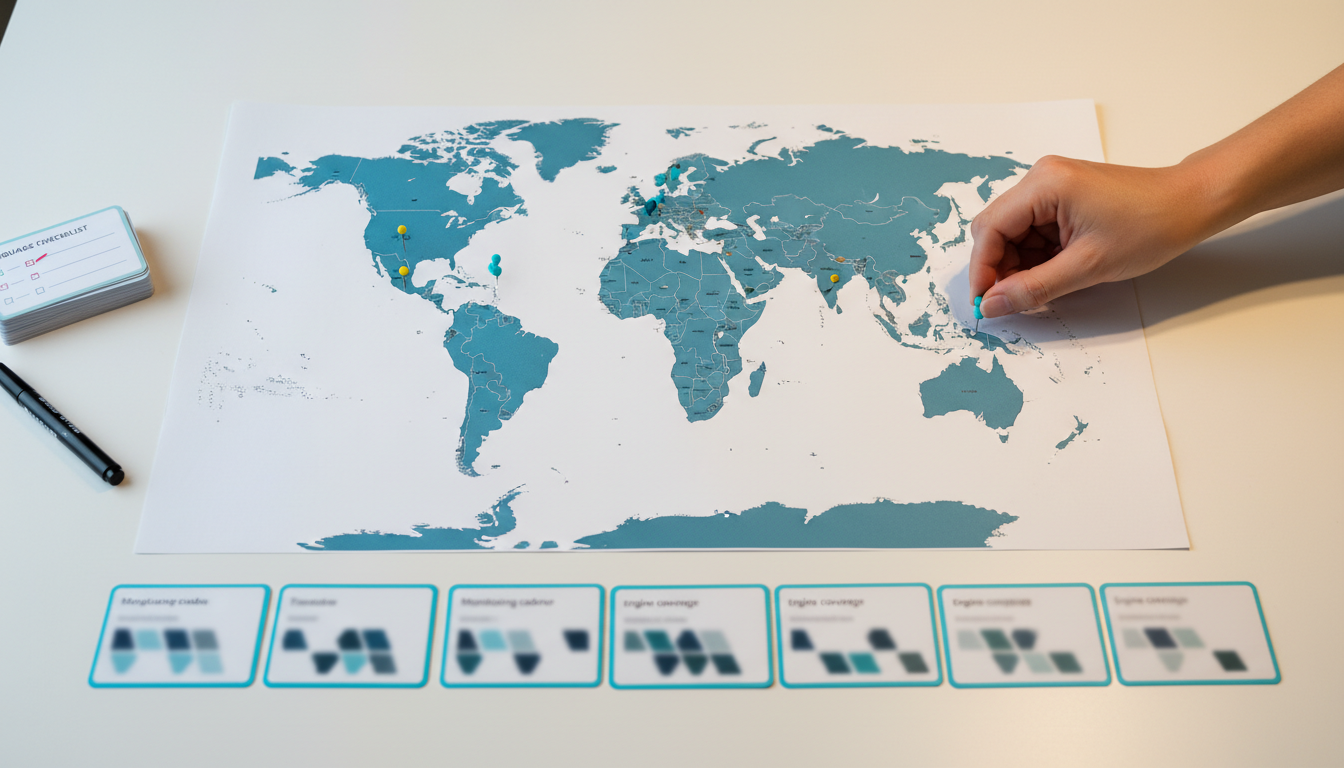 Building Your Multi-Country Monitoring Framework &mdash; impossible-to-swap visual: an overhead shot of a planning table with a tactile coverage board &mdash; a printed world map pinned with color-coded physical pins and a row of neat laminated cards representing monitoring cadence and engine coverage (cards display abstract icons/shapes, not brand logos, and their content is deliberately blurred so no text reads); a hand places a cyan pin on a priority market while a small stack of language-checklist cards sits nearby (blurred); warm, even studio lighting, clean white workspace, subtle cyan (#00D9FF) accents on pins and card edges, no text or logos, professional modern photographic style, 16:9 aspect ratio