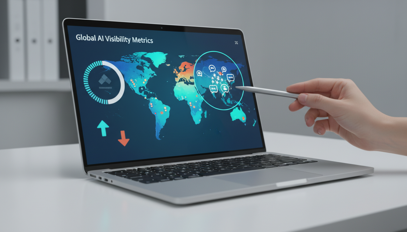Measuring AI Visibility Across Countries &mdash; dashboard-in-action shot tied to article metrics: a modern laptop on a white desk showing a visual dashboard (visible elements are a color-coded world heatmap with city hotspots, a circular gauge made of simple bars to represent an AI Visibility Score and up/down arrows to indicate deltas &mdash; all numeric/text values blurred or replaced with abstract shapes), an analyst points with a pen to a magnified city hotspot (showing citation-quality iconography like star and speech-bubble icons, not text), subtle cyan highlights on hotspots and gauge, soft controlled studio light, no readable text or logos, professional modern photographic style, 16:9 aspect ratio