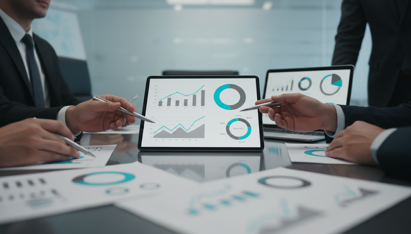 Conference-room scene showing executive KPI review: a clean tablet and laptop on a table display abstract, label-free charts (bar, line, pie shapes) with a single segment highlighted in cyan to indicate 'visibility lift', several hands with pens gesture toward the tablet, printed chart shapes blurred in foreground, cinematic shallow depth of field, professional modern photography conveying measurement and reporting for AI brand visibility, no text or numbers visible, 16:9 aspect ratio