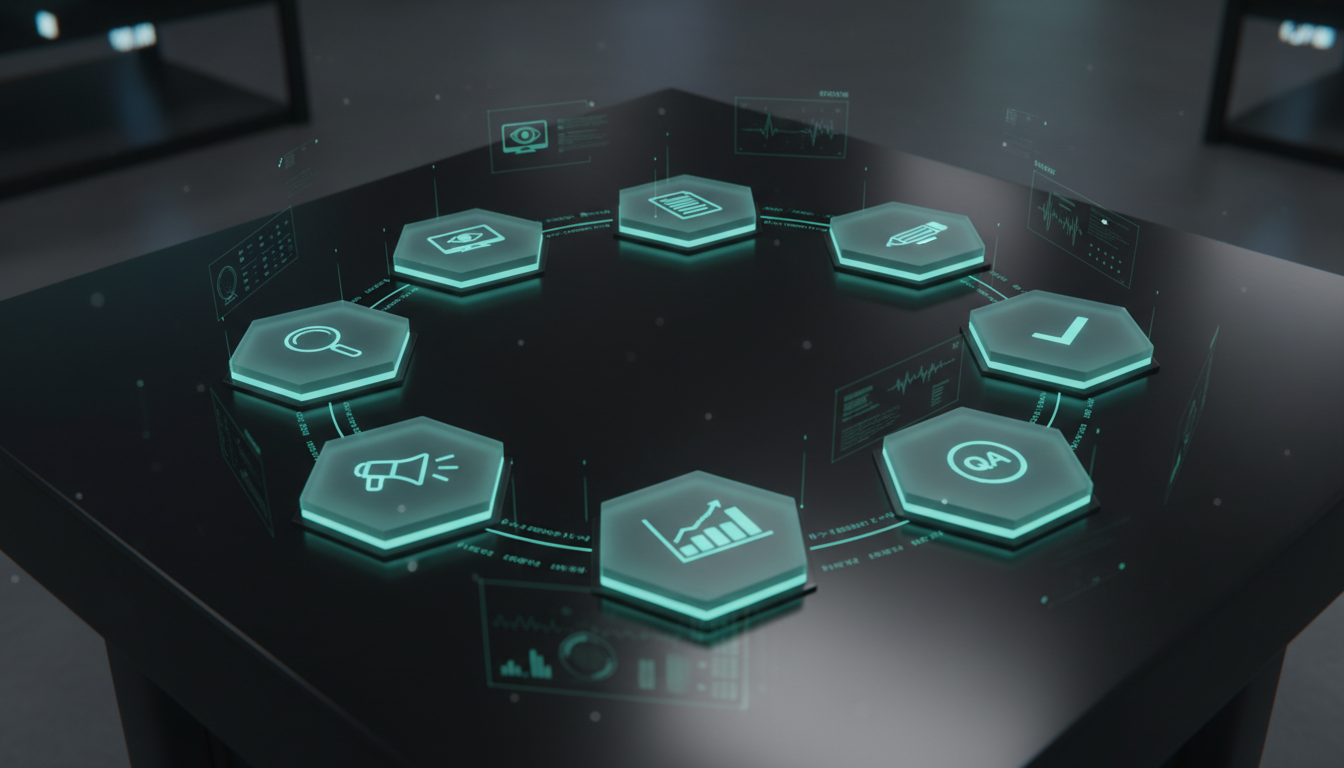Section-specific (Building Your AI Brand Monitoring Operating System): A polished operations console table photographed from a slight overhead angle showing eight tactile, backlit hexagonal modules arranged in a linked circle (each module represented by a simple icon-embedded token: monitor, magnifier, document, edit/pencil, megaphone/amplify, dashboard/graph, test/gear, QA/checkmark). Thin translucent connector lines with animated particle flow show 'detection &rarr; action' movement between modules. The scene is a realistic studio photograph mixed with subtle UI holographic overlays, no text or labels, include subtle #00D9FF rim highlights on connectors and module edges (10-20% color), professional modern mood, 16:9 aspect ratio