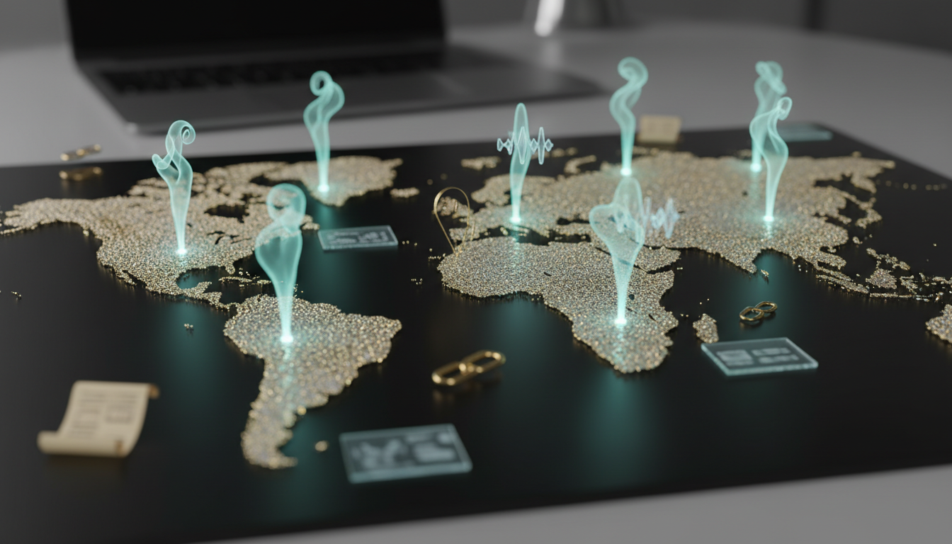 Section-specific (Scaling Across Geographies And Languages): Close-up of a high-resolution world map printed on a glossy surface with clusters of illuminated city pins (focus on 8&ndash;12 major city pins across continents). Each city pin sprouts a tiny translucent language waveform icon above it (distinct abstract glyph-shapes rather than readable text) and a blurred content snippet tile beneath (blurred rectangles to indicate local content without any words). Small market-specific citation tokens (authentic-looking paper/chain icons) float near some pins to indicate local source differences. Photorealistic composite with subtle depth-of-field, no text or country flags, include gentle #00D9FF glow on select pins (10-20% color), professional modern aesthetic, 16:9 aspect ratio