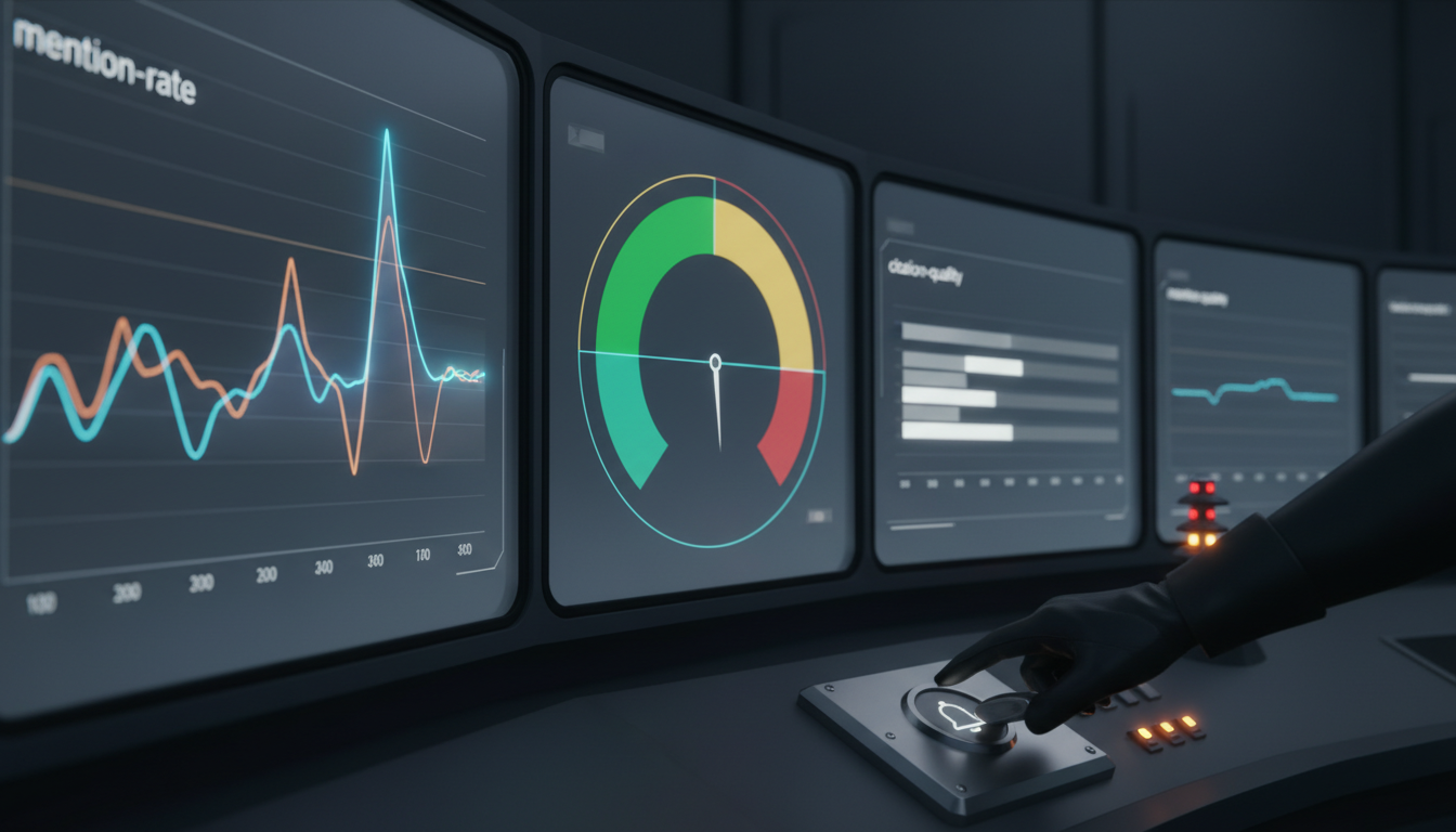 Section-specific (Setting Alerting Thresholds And Triggers): A control-room style scene showing a large wall of muted dashboard panels (all visual, no text) with charts: a colored mention-rate sparkline with a highlighted spike, a circular sentiment meter with green/yellow/red segments, and a citation-quality bar with shifting brightness&mdash;an operator's hand reaches in to toggle a tactile physical switch labeled only by an embossed icon (no text). Red/amber alert LEDs are subtly lit on a nearby alert tower. Clean professional photography with integrated UI graphics, no text or numeric labels anywhere, #00D9FF used sparingly on critical threshold markers and LED accents (10-20% color), focused, action-ready mood, 16:9 aspect ratio