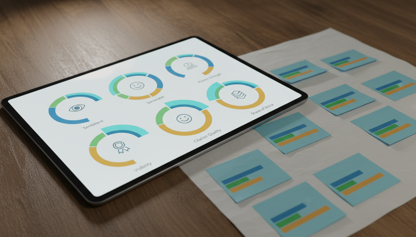 Create Your Composite Scoring Model &mdash; close-up of a polished tablet screen and an adjacent paper storyboard: the tablet displays five large translucent radial gauges arranged in a semicircle (each gauge uses an icon instead of words: an eye for Visibility, a smiling face for Sentiment, a ribbon/medal for Citation Quality, a stacked chevron for Recommendation Strength, and a segmented pie for Share of Voice), colored segments show relative weightings with subtle cyan accent segments, nearby sticky cards show proportional colored bars (no numbers or text), studio-lit professional composition that clearly maps to the article's five-component scoring model, no textual labels, 16:9 aspect ratio