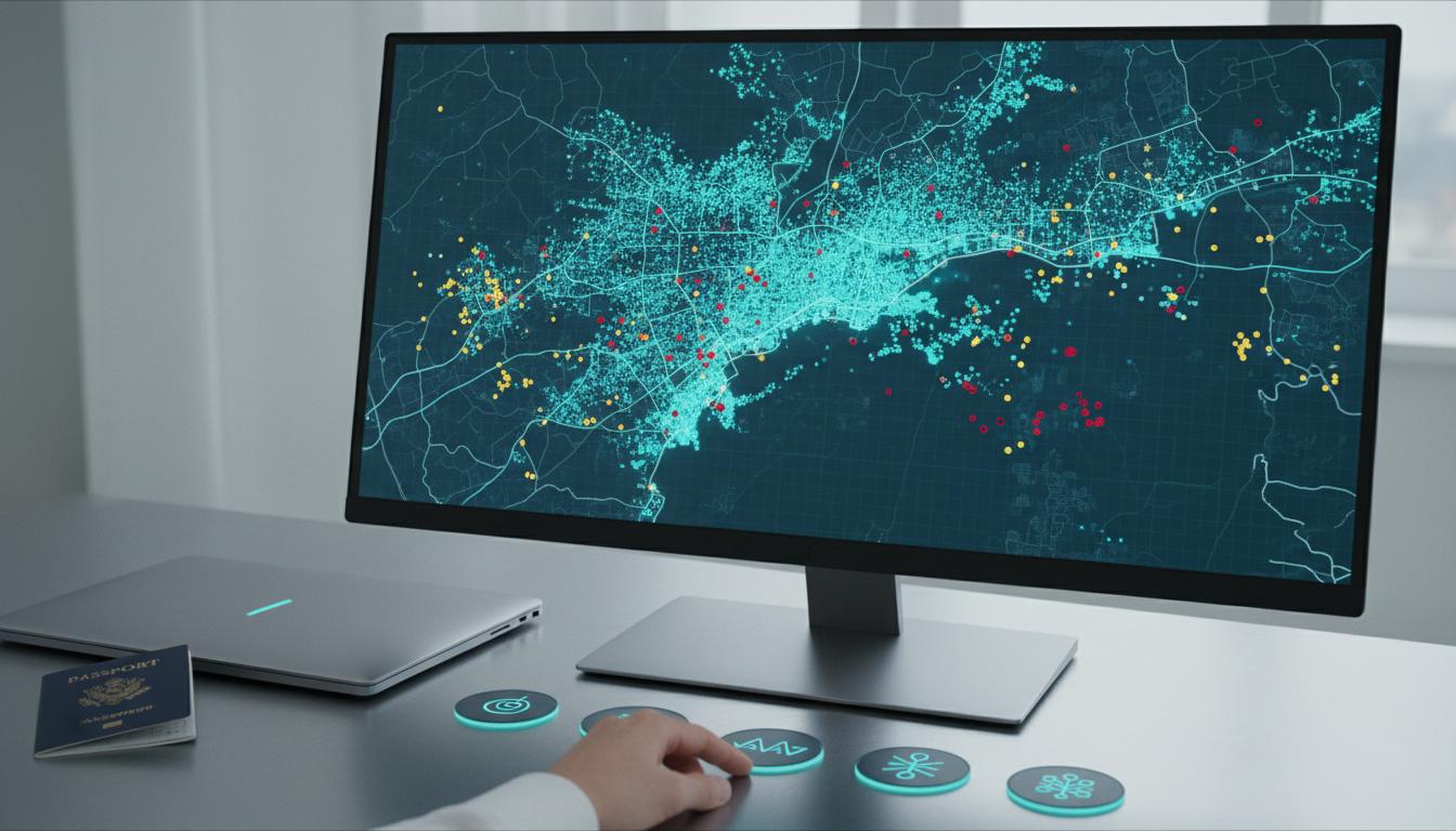 Segment By Geography And Language &mdash; editorial map visualization photograph: a widescreen monitor angled toward the viewer showing a city-level heatmap (distinct cyan highlights over a cluster of coastal cities and smaller yellow/red dots inland), in the foreground a hand is toggling a row of circular language chips (simple glyphs only, no flags or text), on the desk a passport and a closed laptop with a thin cyan stripe provide subtle brand color accents, crisp modern office lighting, composition emphasizes city-level and language segmentation described in the article, no text on screen, 16:9 aspect ratio
