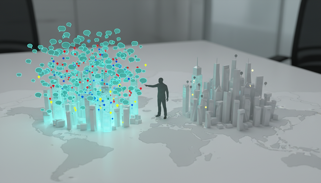 City-level variance scene illustrating 'Why City-Level Tracking Beats Country-Level Monitoring': two adjacent photorealistic-but-clean mini skylines sitting on a white table-top map — one skyline dense with small cyan-lit chat bubbles of varied shapes, the other skyline with almost no bubbles and a few muted gray dots; overlay subtle data pins (tiny colored dots) clustered very differently between the two skylines to show local gaps; include one human analyst (silhouette) pointing at the cyan clusters to imply local action, overall professional modern photography + crisp illustrative overlays, brand cyan used as 10–15% accent, no text, 16:9 aspect ratio