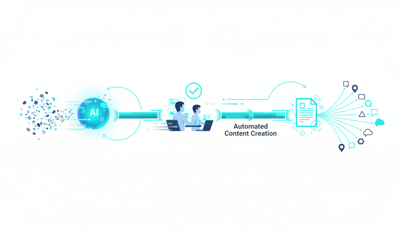 Automated action loop visual for 'Turning Insights Into Automated Actions' and scaling operations: a polished pipeline illustration on a white background showing stages left-to-right — detection (stream of small query bubbles flowing into an AI engine icon represented by an abstract orb), human verification station (two people at a console with a subtle cyan checkmark glyph above them, no text), automated content creation stage (a draft page icon with cyan highlights), and distribution stage (radiating beams connecting to multiple tiny city pins and diverse platform-shaped speech bubbles of different silhouettes); emphasize speed and feedback loops with motion blur streaks and cyan accent lines, professional modern vector-illustration style, no text, 16:9 aspect ratio