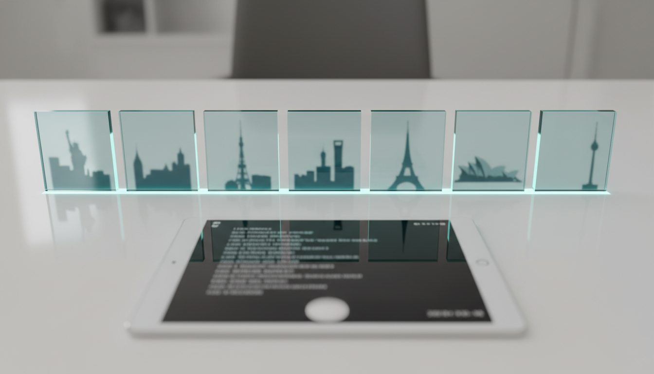 Testing AI Visibility: The 7‑Day Audit Protocol &mdash; actionable timeline scene: overhead photorealistic composition of a sleek white desk with seven small, backlit glass tiles lined up like calendar days; each tile reflects a different distinctive skyline silhouette (New York with Statue of Liberty hint, London skyline, Tokyo tower silhouette, Berlin TV tower, etc.) visible as soft bokeh reflections in the glass to signal city‑level testing. On the desk, a modern tablet displays a faint grid of anonymized result snippets (blurred, unreadable) and a timestamped camera flash reflection; thin cyan (#00D9FF) connector light runs under the tiles linking them left&rarr;right to imply the seven‑day protocol (accent &le;15%). Clean professional lighting, shallow depth of field, no logos or text, conveys reproducible audit steps and localization testing, 16:9 aspect ratio