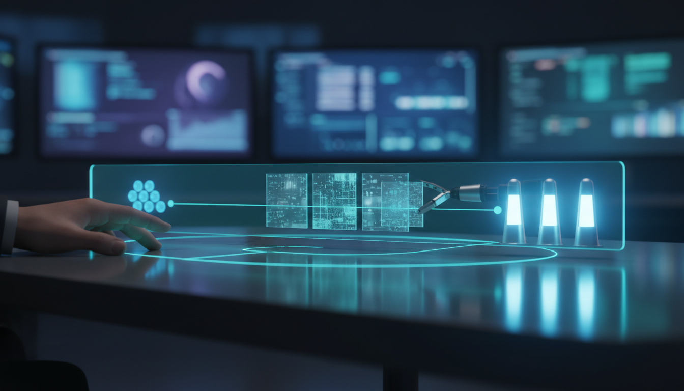 Automation Workflows: From Monitoring to Optimization &mdash; operational pipeline visual: photorealistic control‑room table with a single operator&rsquo;s hand interacting with a horizontal translucent data band hovering above the surface; the data band shows a clear left‑to‑right flow represented by three distinct object groups (monitoring nodes &mdash; small glowing orbs; content generation tiles &mdash; stacked glass cards; publishing nodes &mdash; lighted beacons). A compact mechanical arm (stylized, not branded) moves a content tile along the band. Streams of fine cyan (#00D9FF) light trace the pipeline and connect the groups (accents &le;15%). Surrounding monitors are intentionally blurred abstract dashboards (no text or logos) to keep focus on the automation loop. Modern professional photography, high detail, no written text, visually ties monitoring &rarr; create &rarr; publish loop to this article&rsquo;s workflow, 16:9 aspect ratio
