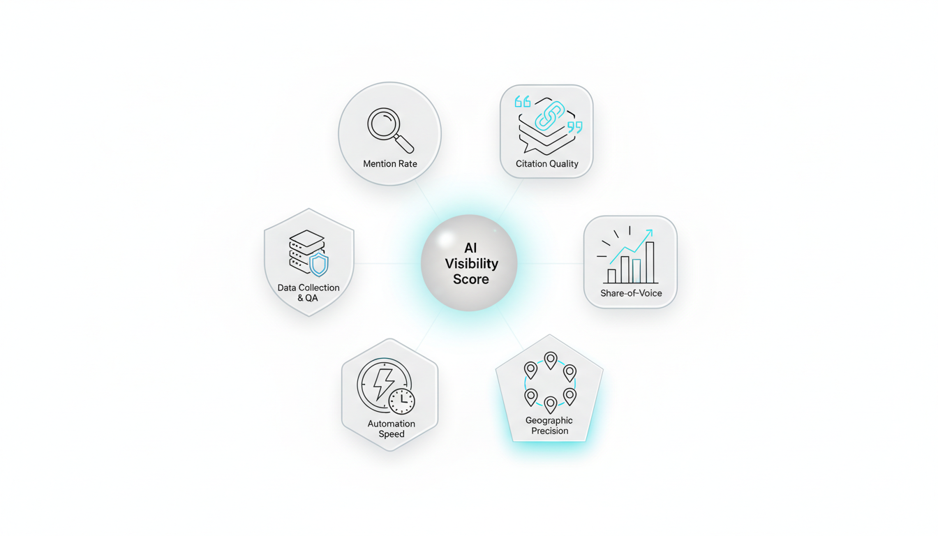 A precise technical visualization of the Evaluation Framework's six core criteria: an elegant hexagonal arrangement of six distinct icon-plates (magnifying-glass for mention rate, layered quotation bubble with chain-link for citation quality, stacked bars with prominence glow for share-of-voice, city-map pin cluster for geographic precision, lightning bolt with clock for automation speed, shielded data-warehouse for data collection & QA) all orbiting a central glowing 'AI Visibility Score' node portrayed as a neutral orb. Icons are simple, label-free, clearly different shapes and weights so each plate represents a unique metric; white background, crisp lines, cyan #00D9FF used as highlight on one quadrant and subtle accents across icons, technical illustration / infographic style, no text, 16:9 aspect ratio