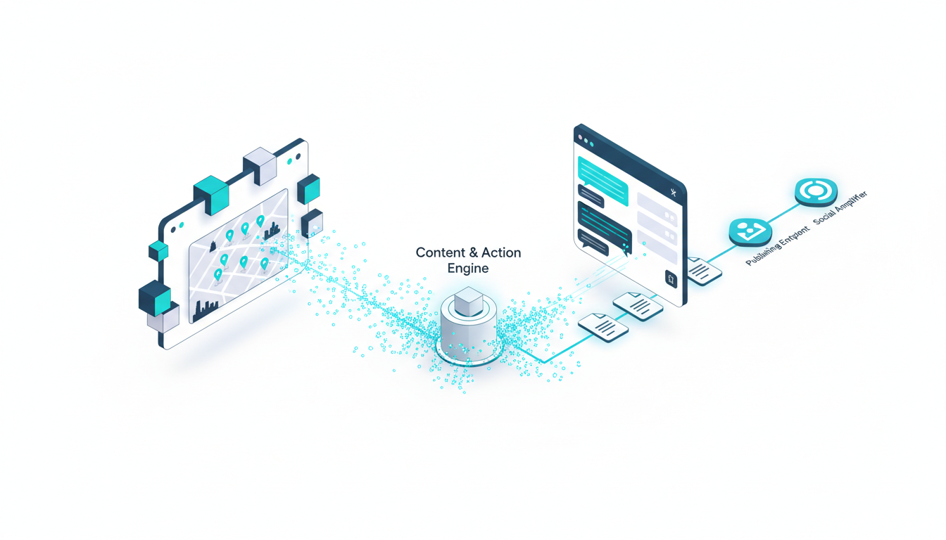 Isometric product-dashboard scene that visualizes the Refinea case analysis: a split-panel UI — left panel shows an abstract Google AI Overview card built from blocks and a tiny map inset showing multiple city pins; right panel shows a chat-window pane with stacked recommendation cards. Between panels sits a central Content & Action Engine: a cylindrical engine icon receiving many tiny worker nodes (150+ small glowing dots converging on it) and emitting a pipeline of automated content documents flowing to a publishing endpoint and social amplifier. Include visual cues for 'real-time' (pulse lines) and 'city-level precision' (mini city skylines or clustered pins). Style: clean technical isometric illustration, white background, cyan #00D9FF accents on worker dots and pipeline, no text or labels, 16:9 aspect ratio