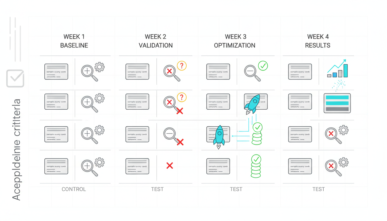 Controlled 30-day evaluation visual: a split control-vs-test storyboard rendered as a sequence of four week-columns across the image (week 1 baseline, week 2 validation, week 3 optimization, week 4 results) without text — each column contains small, distinct visual elements: sample query cards, manual-check magnifier icons on the control side, automated publish rockets and green success ticks on the test side, and a final results dashboard tile showing proportional bars and a rising trend spark (no numeric labels). Overlay a subtle calendar grid in the background and a vertical checklist glyph for acceptance criteria (visual-only). Use white background, cyan #00D9FF for progress highlights and callouts, technical illustration style, no on-image text, 16:9 aspect ratio