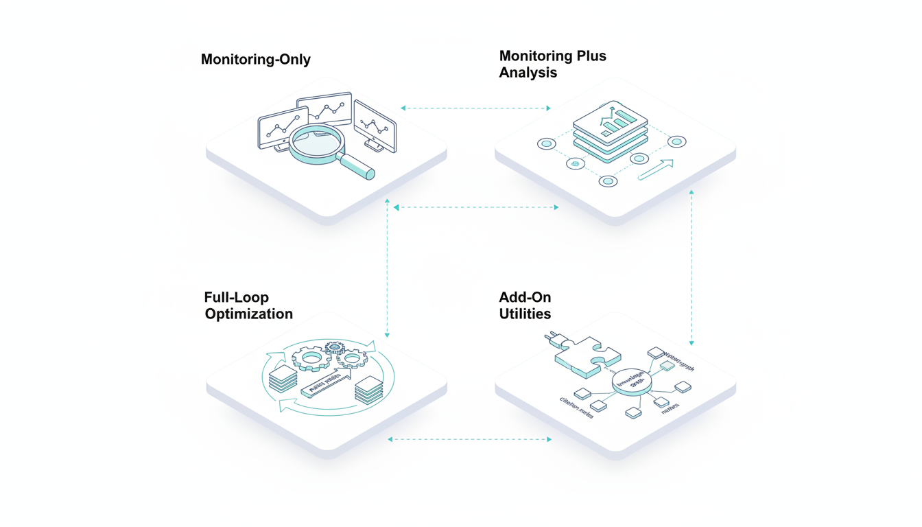 Isometric technical diagram of four distinct module blocks arranged in a tiled grid, each block uniquely illustrated to represent a platform category: a magnifying-glass-only module with simple monitor icons for Monitoring-Only; an analytics module with layered charts and relationship nodes for Monitoring Plus Analysis; a full circular automation loop with gears, content documents, a publish pipeline and distribution arrows for Full-Loop Optimization; and a puzzle-plug module with a knowledge-graph node and citation nodes for Add-On Utilities &mdash; connectors between modules show potential integrations, subtle cyan highlights on icons and connectors, white background, no text, 16:9 aspect ratio