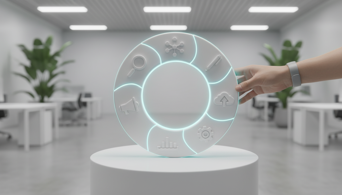 A conceptual photographic-illustration of the Complete FAII Loop rendered as a physical circular sculpture on a white pedestal in a modern office: seven interlocking segments form a seamless ring (each segment represented by a distinct tactile icon — magnifier, network nodes, pen, upload arrow, megaphone, segmented gauge, gear) with smooth cyan (#00D9FF) edge lighting on one segment to indicate continuous operation; soft overhead lighting creates gentle shadows, shallow depth of field isolates the loop, a product manager's hand reaches in to rotate the ring, background minimal and white to match brand styling, no words or labels anywhere — 16:9 aspect ratio