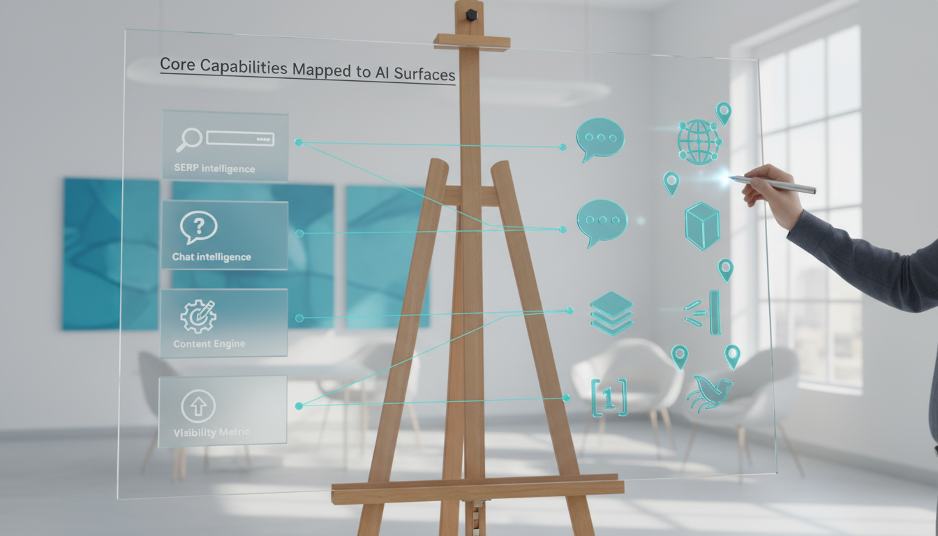 A clean infographic-style photographic composition showing 'Core Capabilities Mapped to AI Surfaces' as a whiteboard-like glass panel on an easel in a bright agency room: on the left, four frosted glass cards (icons only) represent capability modules (SERP intelligence, chat intelligence, content engine, visibility metric) and on the right, six distinct platform glyphs (stylized chat bubble, globe node, prism, stacked cards, inline citation mark, bird-like current-events glyph) — polished translucent cyan (#00D9FF) connector lines map each capability card to one or more platform glyphs, small cyan location pins hover near three platform glyphs to signal city-level precision, a team member sketches a new connector with a stylus, soft professional lighting, white background and subtle cyan accents (10-15%), absolutely no text — 16:9 aspect ratio