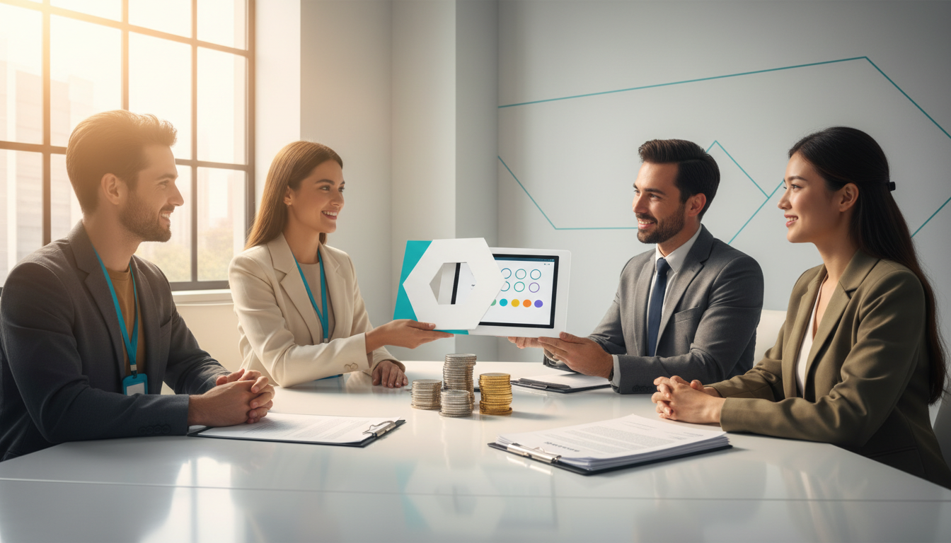 A modern agency partnership scene that visualizes the White-Label offering: two teams (one agency, one FAII rep) in a bright conference room exchanging a glossy rebrand kit — the kit is a sleek folder with a removable logo-shaped mask (neutral blank surface) placed over a tablet showing a customizable dashboard skin (color swatches and icon-only tiles, no text). On the table, a clear stack of coins and contract-like documents appear, but every document face is intentionally blank and free of text; warm directional light, professional people in business-casual attire, white room with cyan (#00D9FF) accent details on the kit and one person's lanyard (subtle 10-15% usage), composition communicates revenue-share and rebranding without words — 16:9 aspect ratio