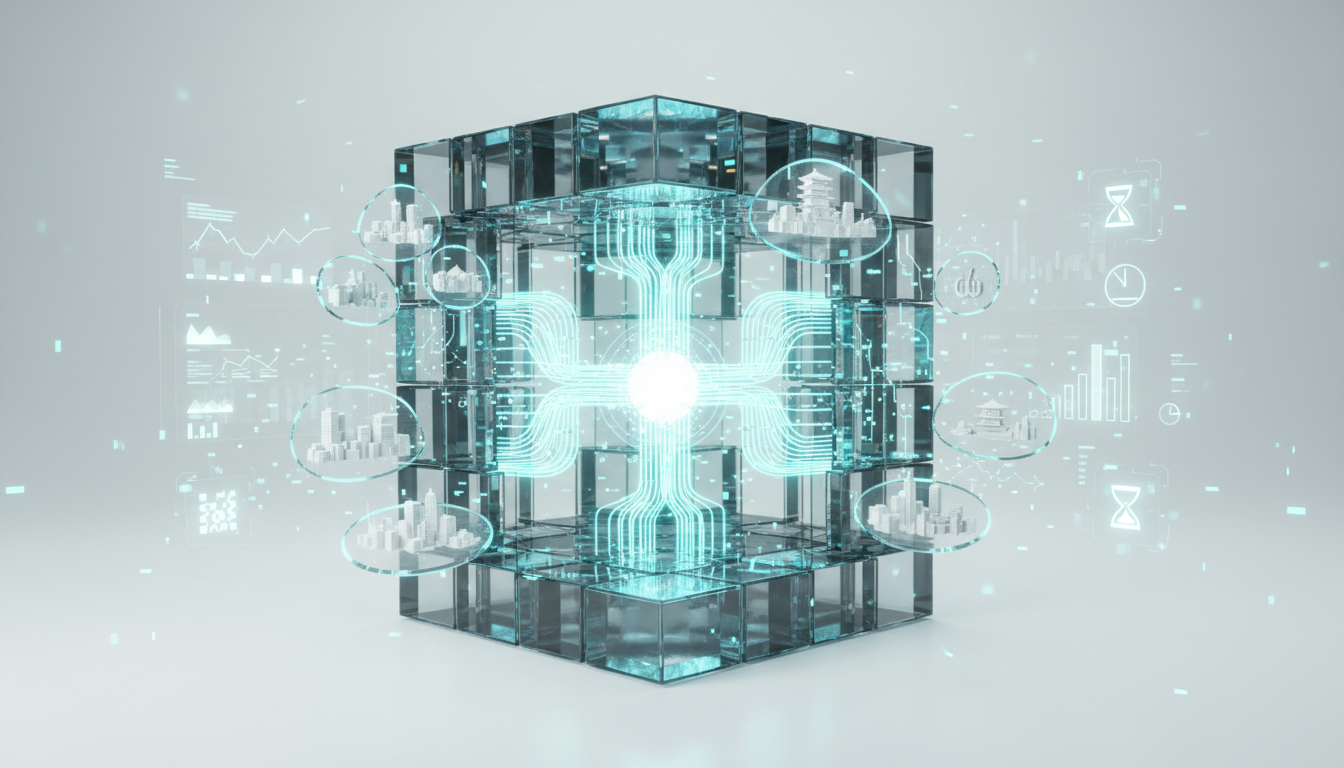Data capture and warehousing for localization testing: 3D conceptual render of a glass 'data vault' composed of stacked transparent cubes, illuminated pipelines of light feeding into a central analytics core, floating locale chips with tiny city skyline figurines representing city/country dimensions, small icon chips for engine metadata and timestamps (no text), surrounding dashboards implied by glowing charts and query tokens as abstract particles, polished corporate look with soft white background and cyan accent lighting (#00D9FF ~10%), 16:9 aspect ratio