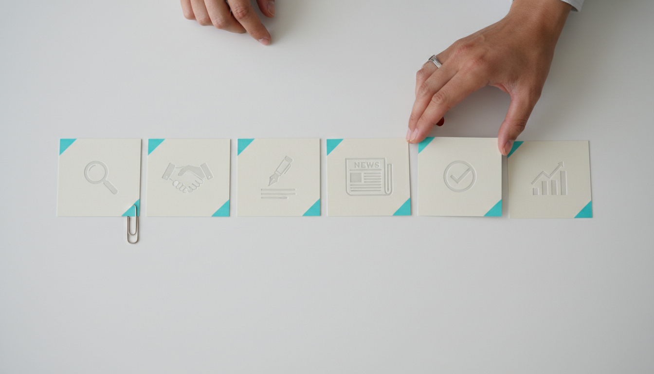 Modern outreach service stack — overhead flat-lay photographed on a white table: six tactile square cards arranged in a clear pipeline (prospecting, relationship, content, pitch, QA, measurement implied by distinct embossed icons only — magnifying glass, handshake, pen, article, checkmark, chart — no text), two diverse hands placing the final card to show human+process, small cyan (#00D9FF) corner accents on the cards (10–15% color usage), soft natural studio light, shallow depth of field, realistic textures (paper, metal clip, matte cards), no visible words or logos, professional modern photography, 16:9 aspect ratio