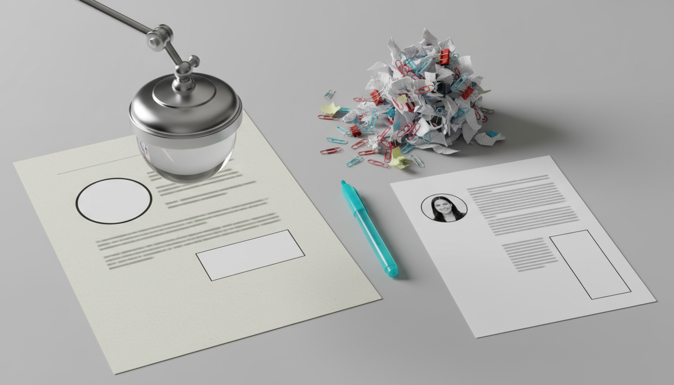 Quality framework and acceptance criteria — close-up of a QA specialist’s workspace: a magnifying loupe hovering over a printed article mockup showing a visible author-photo placeholder and an in-body link placeholder (no legible text), to the side two small stacks of printouts visually contrasted — one cluttered with many tiny paper clips and loose fragments (red-flag metaphor), the other a single clean editorial page with a neat author thumbnail and inline content, a translucent cyan (#00D9FF) marker pen sitting nearby (subtle accent), crisp studio lighting, documentary-style professional photo, no text or brand logos visible, 16:9 aspect ratio