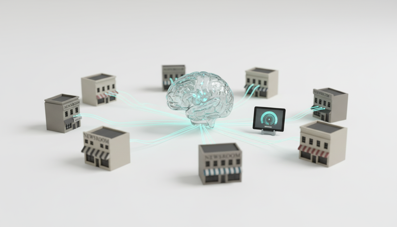 From links to authority — a staged miniature diorama photographed in high detail: several small, neutral-toned model newsroom facades and blog storefronts connected by delicate illuminated fiber-optic threads that converge on a central translucent glass 'AI brain' sculpture with glowing nodes, a tablet off to the side showing an abstract circular visibility gauge (no numbers or text), white background, cyan (#00D9FF) glow used sparingly on fibers and brain nodes (10–15%), cinematic shallow focus, conveys the pipeline from publisher mentions to AI visibility, professional modern photography, no visible text or logos, 16:9 aspect ratio