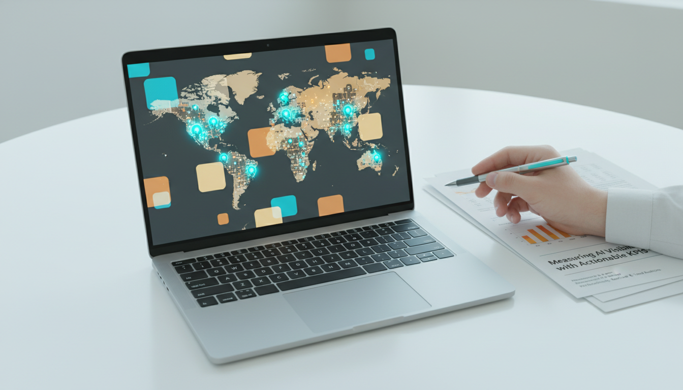 A modern analyst dashboard scene for 'Measuring AI Visibility with Actionable KPIs' &mdash; overhead photograph of a sleek laptop and printed reports on a white desk; the laptop screen shows an abstract, non-readable dashboard made of colorful blocks, dot-maps and glowing city nodes (no text), a city-level map with several illuminated nodes in cyan (#00D9FF) and warm neutrals, an analyst's hand with a pen pointing at a cluster of nodes, natural studio lighting, subtle cyan accents (~12%), professional modern photography, emphasize measurement cadence and KPI monitoring, 16:9 aspect ratio