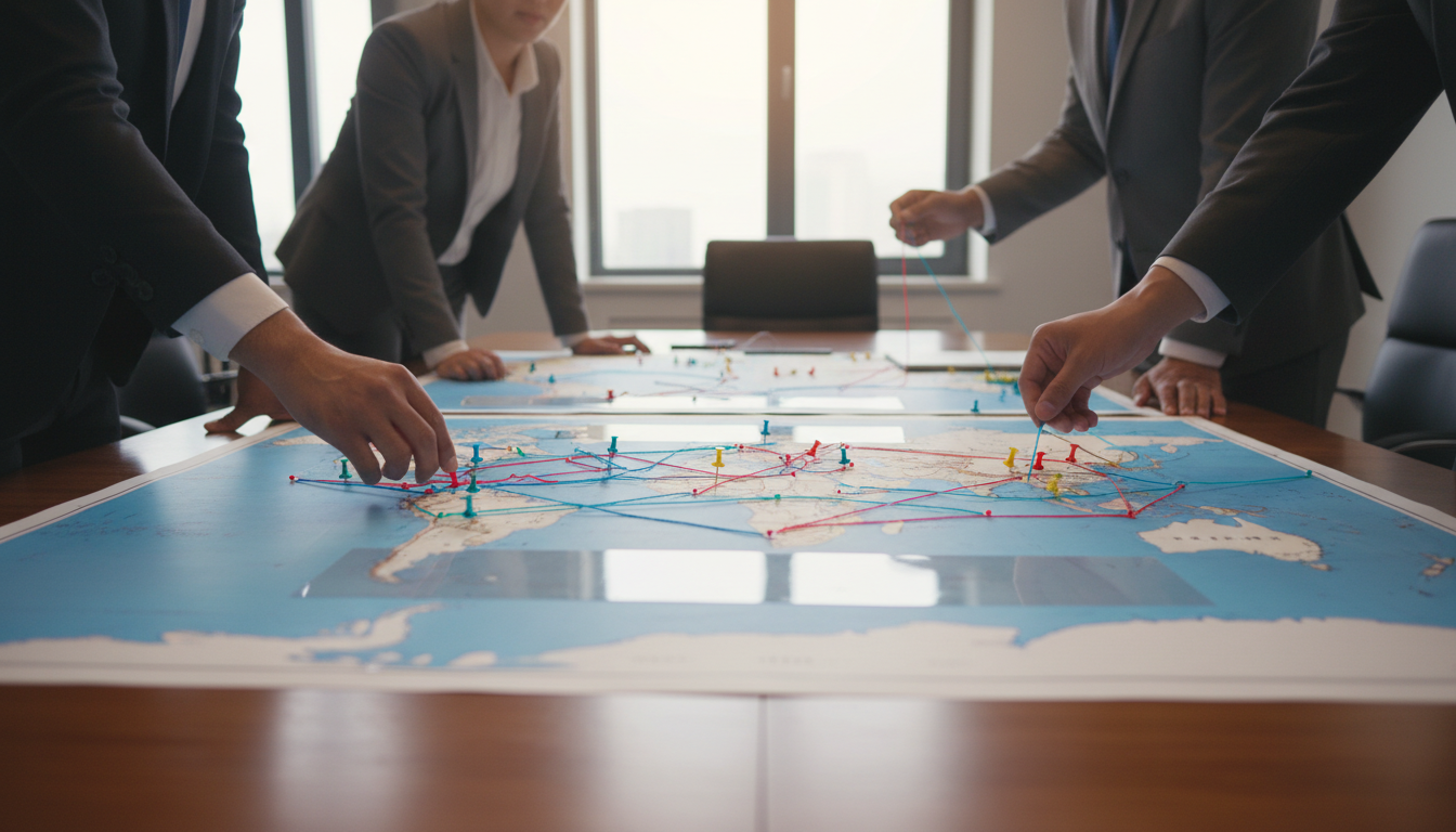 A collaborative 'GEO Playbook' planning photograph &mdash; medium-shot of a table with a large printed world map and layered clear acetate overlays showing hand-drawn connection lines and strings pinned to city points; colored pushpins concentrated in specific cities, several team hands placing or moving pins, cyan (#00D9FF) pushpins and string markers used sparingly (~10-15% accent), warm professional office lighting, candid but composed, no readable text on maps or documents, conveys city-level strategy to influence AI answers, professional modern photography, 16:9 aspect ratio
