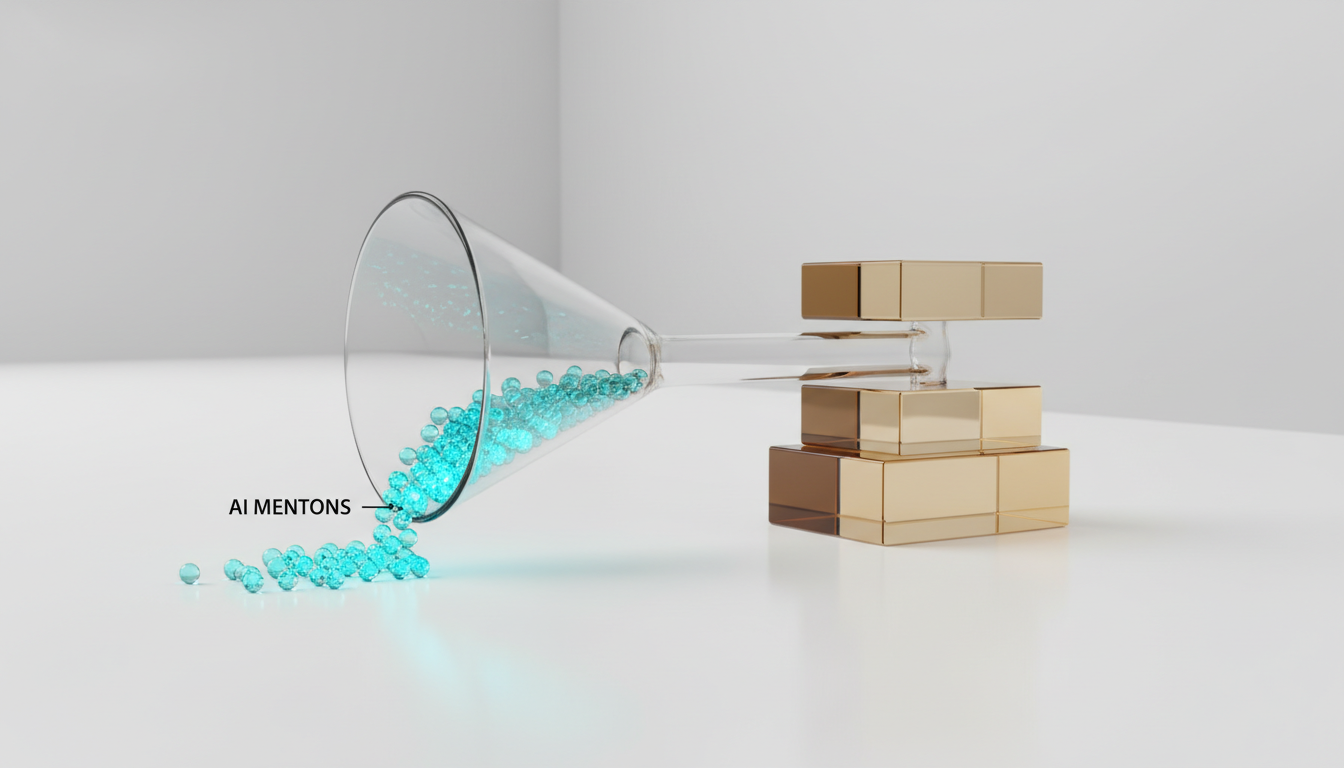 A conceptual 'Attribution and ROI' studio photo &mdash; a literal funnel/pipeline sculpture on a white surface: small illuminated glass beads (representing AI mentions) flow through a clear funnel and collect into three stacked transparent blocks labeled only by form (no text), the source end contains a soft cyan (#00D9FF) glow accenting the beads (~15%), the revenue end has warm golden light reflecting off the stacks, high-detail product-photography style, minimalist background, no logos or written labels, communicates mapping visibility to revenue, professional modern photography, 16:9 aspect ratio
