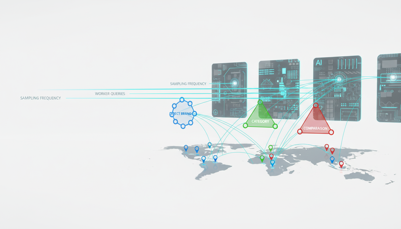 A layered visualization of the measurement framework: foreground shows a stylized world map with city-level pin clusters (small, abstract pins) and grouped node clusters representing three query types (direct brand, category, comparison) depicted as distinct shapes; connecting lines indicate sampling frequency and parallel cyan lines represent simultaneous 'worker' queries touching multiple platform panels (abstract AI engine panels in the background); overall composition is a modern data-visualization scene on white field, subtle #00D9FF accents, professional modern styling, no readable text, 16:9 aspect ratio