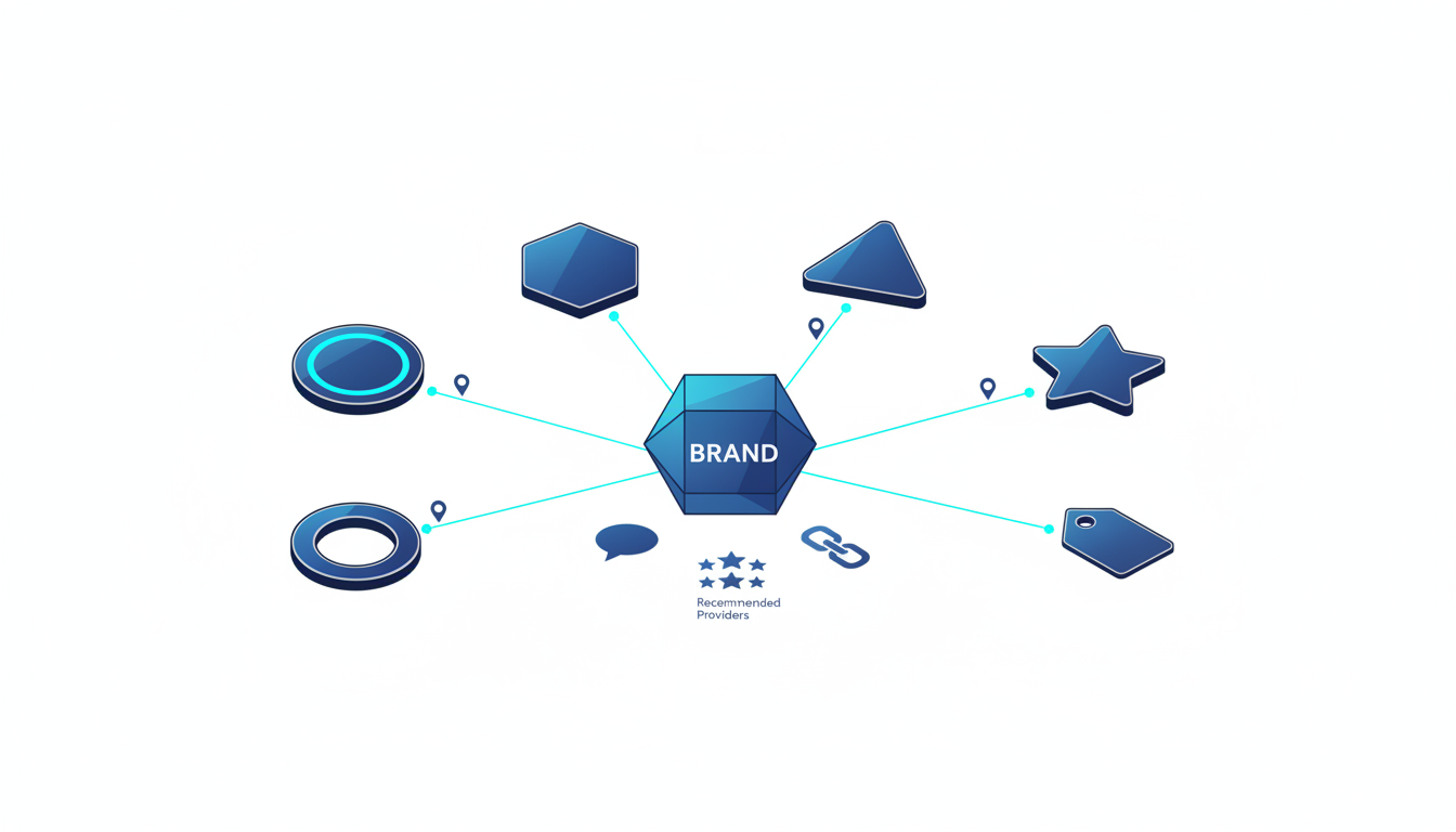 Isometric technical illustration showing six distinct stylized AI platform nodes arranged in a semi-circle feeding thin connection lines into a central brand node; each platform is represented by a unique geometric glyph (circle, hexagon, triangle, square, star, ring) to avoid logos, connection lines use subtle cyan highlights where signal is strong, four small symbolic shapes cluster near the brand node to represent mention types (a speech-bubble silhouette for direct name, a star cluster for recommended provider, a link-chain motif for citation, and a generic tag silhouette for category reference) &mdash; include a few tiny city pin glyphs on select pathways to hint at geographic variance, white background, precise vector linework, no text, 16:9 aspect ratio