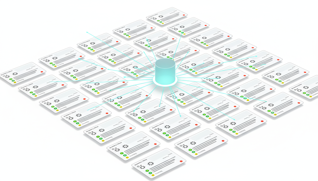 Close-up technical illustration of a monitoring data grid: dozens of uniform cards arrayed in a tidy dashboard on a white canvas, each card contains abstract placeholders for query tokens, a small engine glyph, a tiny city pin, and short gray placeholder lines representing response snippets (deliberately unreadable), scoring represented by colored round badges (green, yellow, gray, red) to indicate correct/partial/absent/incorrect, animated thin arrows funnel selected cards into a centralized cylindrical data store with cyan glow, subtle shadows and thin-line style, no text, 16:9 aspect ratio