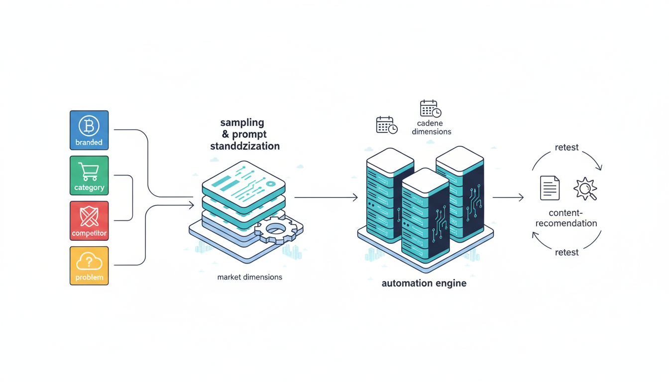 Isometric workflow diagram in technical vector style: left column shows four distinct query source tiles (branded, category, competitor, problem) as unique icon tiles feeding into a 'sampling & prompt standardization' module illustrated with stacked cards and a gear, arrows lead to an automation engine composed of stylized server boxes with cyan accent glow, output side shows document and content-recommendation glyphs and a circular retest loop arrow returning to the engine, small city skyline icons and tiny calendar glyphs around the pipeline indicate market/cadence dimensions, white background, consistent line weight, no text, 16:9 aspect ratio