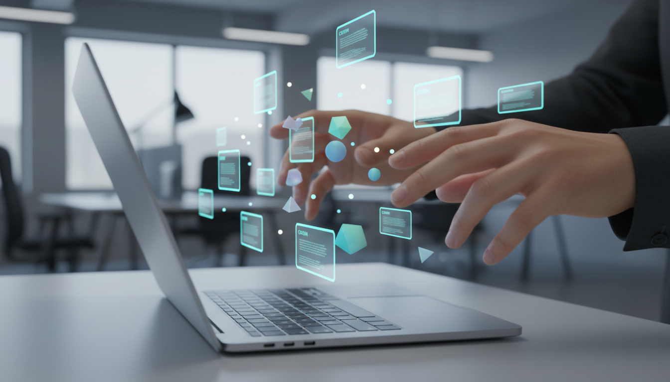 Close-up, shallow-depth-of-field shot of hands hovering above a laptop releasing floating translucent AI response cards and tiny glowing citation dots; the cards are intentionally blurred and text-free, with cyan citation highlights (#00D9FF) and small abstract entity tokens to visualize entity recognition, mention frequency, and recommendation cues—office background softly out of focus for context, professional modern photography, 16:9 aspect ratio