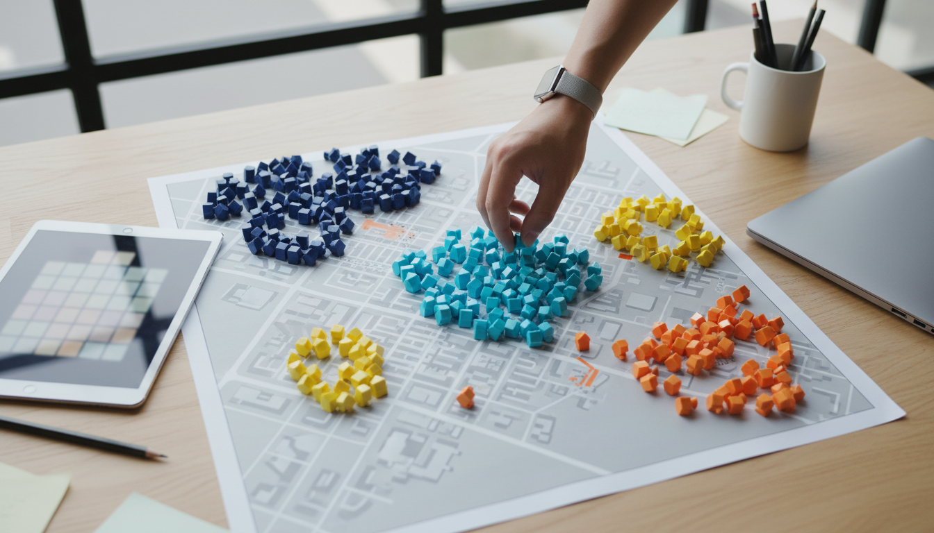 Top-down documentary-style photograph of a modern desk and corkboard workflow: a tablet shows a blurred grid, a hand places a cyan pin (#00D9FF) into a dense cluster of abstract pegs on a printed city map, surrounding pegs and color-coded clusters represent surfaces, query sampling, and geographic sampling (no readable labels), natural window light, conveys building a tracking model and sampling methodology—professional modern photography, 16:9 aspect ratio