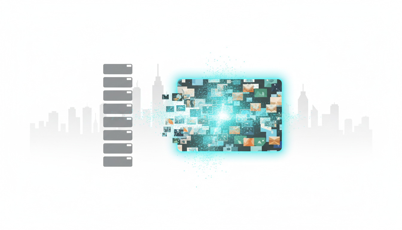 Section image for "What Makes AI Overviews Different From Traditional SERP Tracking" &mdash; split technical illustration showing a left column of stacked classic link tiles (small paper-like rectangles, uniform, muted gray) and a right column of a single synthesized AI Overview card formed by multiple tiny source thumbnails merging together into one glowing composite (particle-merge effect), city skyline silhouette faintly in background to imply local variance, consistent white background and cyan #00D9FF accents on convergence points, precise clean lines, no text or labels, 16:9 aspect ratio