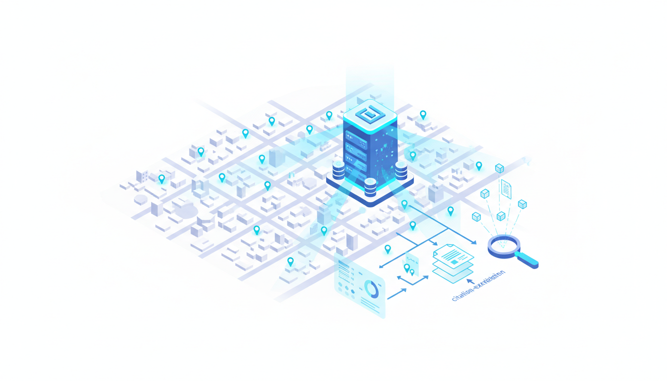 Section image for "Building Your Tracking Infrastructure" &mdash; isometric technical diagram: a city-level map with multiple city pins (tiny dots) connected by scanning beams into a central stacked data repository (stylized server/database), arrows flow from repository into an analytics dashboard panel and a citation-extraction module represented by stacked document tiles turning into small citation tokens, subtle cyan #00D9FF highlights on beams and tokens (10&ndash;15%), white background, professional modern illustration, include no readable text, 16:9 aspect ratio