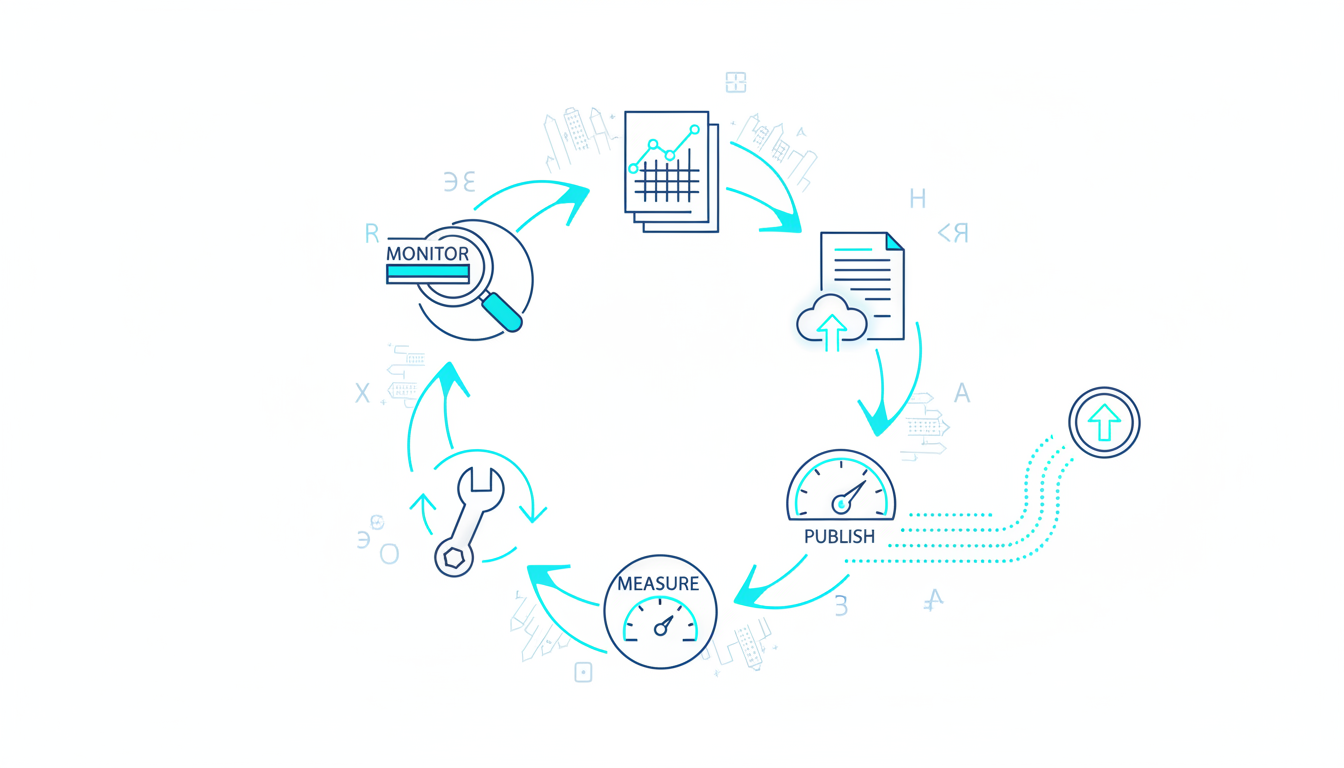 Section image for "The Continuous GEO Loop" (monitor, analyze, create, publish, measure, optimize) &mdash; circular loop visualization in technical illustration style composed of six distinct icon-objects (magnifying scanner, analytic graph, content page, upload/publish glyph, speedometer/measure, iterative wrench/adjust) connected by smooth arrows; around the loop, tiny city markers and language-code glyphs (abstract symbols, not text) show multi-market reach, a thin revenue stream (flowing dots) leads from the loop to a stylized revenue icon, accents in cyan #00D9FF used sparingly on arrows and key icons, clean white background, no textual labels, 16:9 aspect ratio