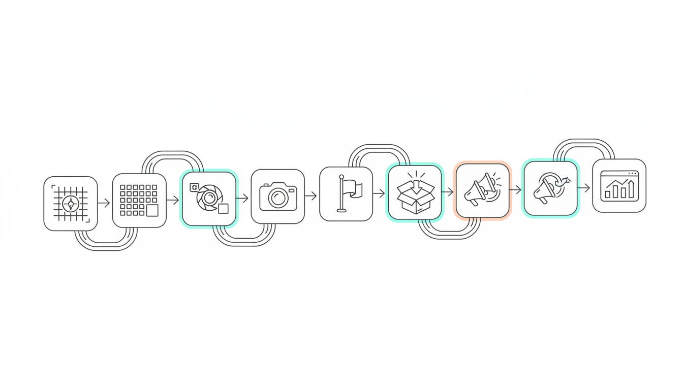 Isometric technical illustration visualizing a linear seven-stage workflow (icons-only) from left to right: a map/grid icon for 'define universe', a sampling matrix grid, a camera/screenshot tile, a tag/flag icon for classification, a content/publish icon, a megaphone/amplify cluster, and a dashboard with rising bars for measurement &mdash; each stage shown as a distinct rounded tile connected by arrows made of flowing lines; white background, consistent iconography and line weight, subtle #00D9FF highlights on active connections and tile edges (10&ndash;20% accent), no text, no numbers or labels, professional vector style, 16:9 aspect ratio