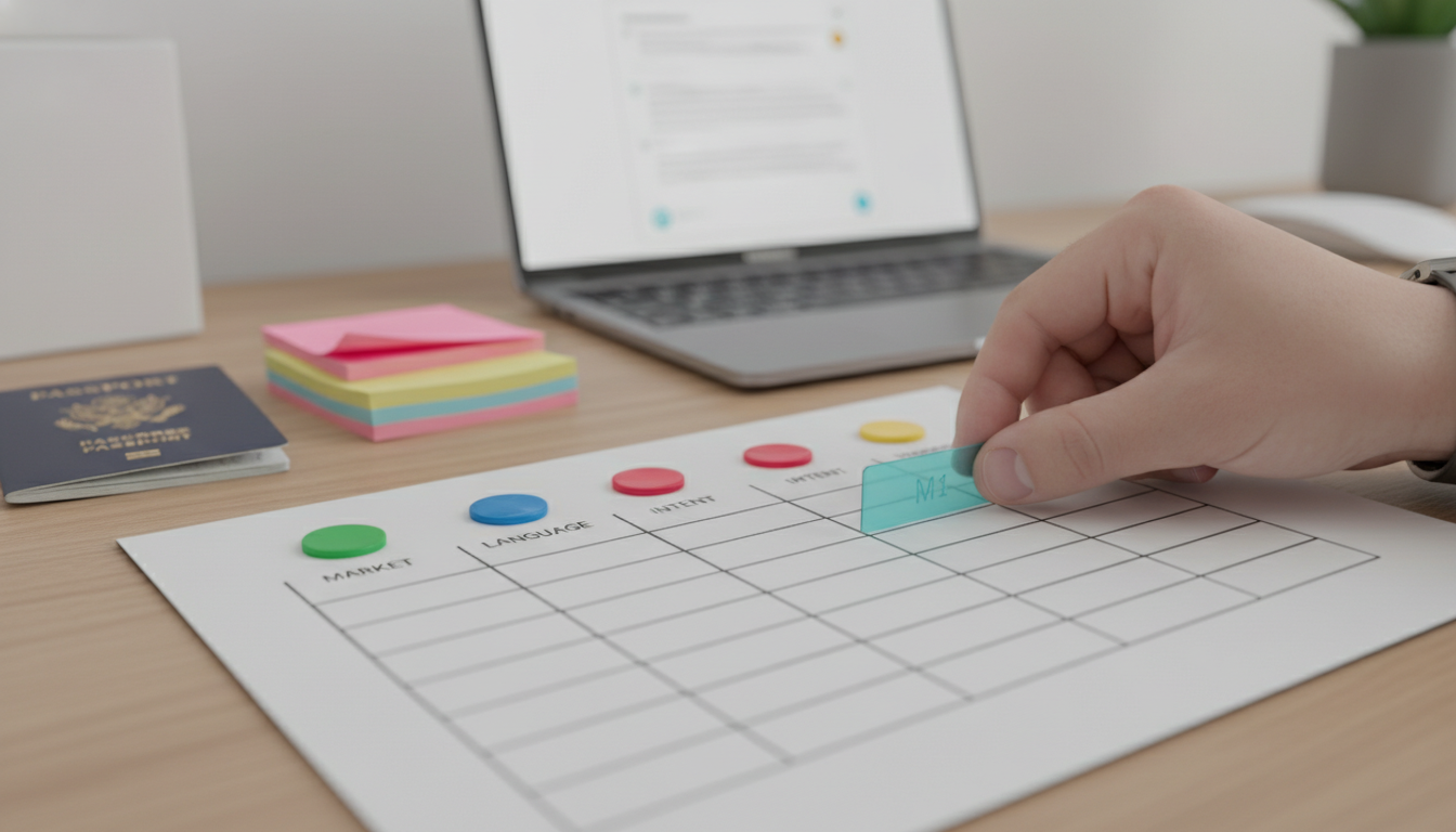 A close-up, shallow-depth-of-field photograph that visualizes 'Method 1: Entity-First Monitoring with Controlled Prompt Matrices': a printed grid matrix on a desk with labeled columns represented by color-coded chips (market, language, intent, persona) and a hand placing an accent-cyan (#00D9FF) tab on a specific row; a laptop in the background with a blurred chat response card on screen (no readable text), sticky notes and a passport to imply international testing, clean modern office styling, white background elements and professional lighting, demonstrates systematic prompt-matrix setup &mdash; 16:9 aspect ratio