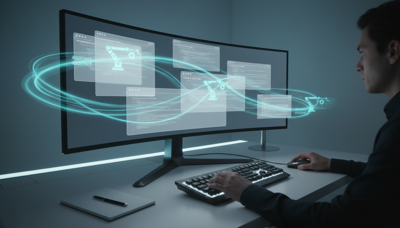 A technical-but-photographic composition for 'Method 4: Headless Browser Automation for UI-Only Platforms': a developer workstation with multiple browser-like panels layered semi-transparently on a large monitor (no text), an engineer's hands on a keyboard, a subtle robotic arm or automation icon motif in the scene to suggest headless automation, motion blur trails in accent-cyan (#00D9FF) indicating automated query flow between panels, neutral white workspace, moody but professional lighting that emphasizes reliability and fragility of UI automation, communicates browser-scripting and resilience to UI changes &mdash; 16:9 aspect ratio
