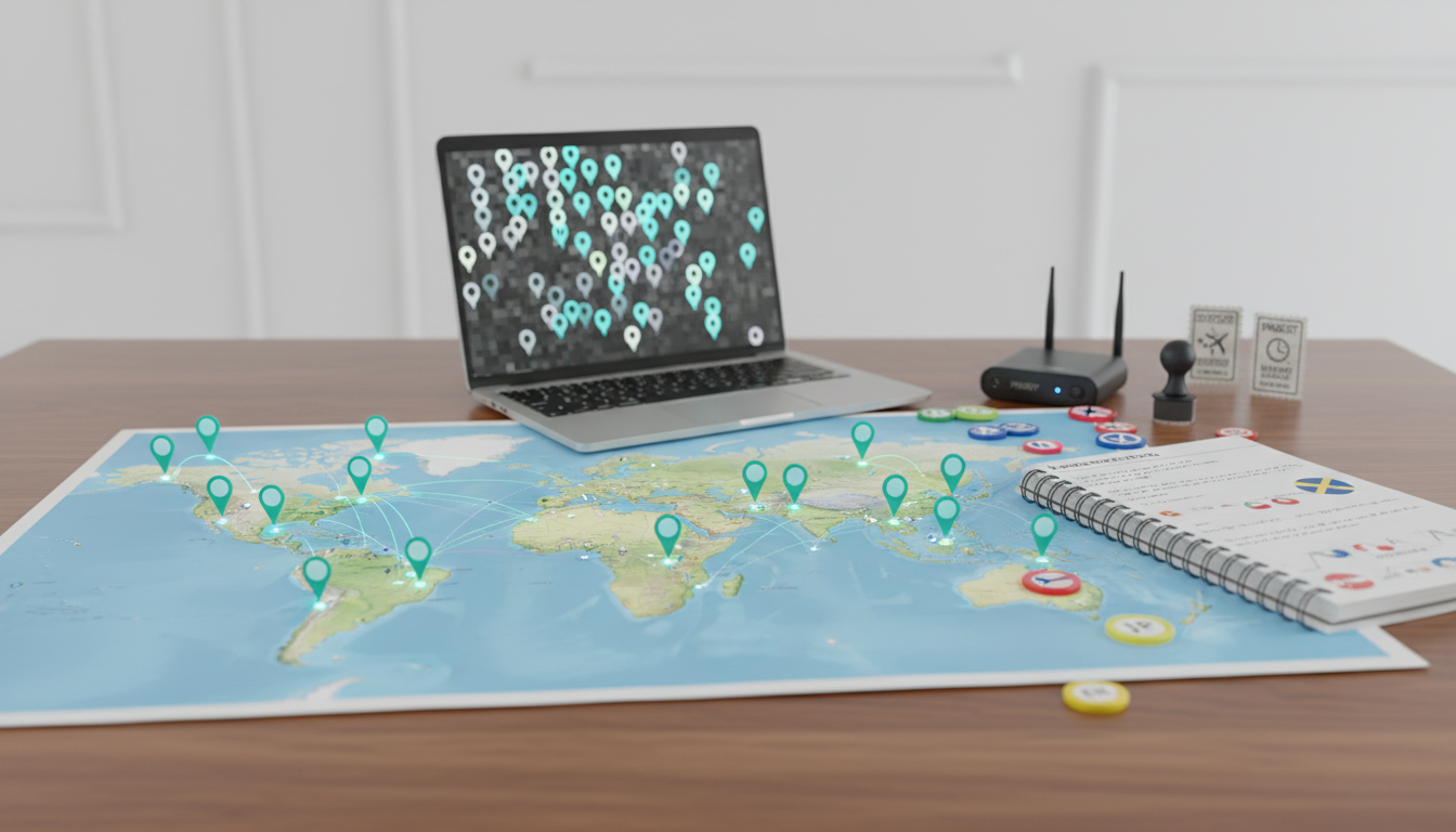 A geo-targeted testing visualization for 'Method 6: Geo-Targeted and Multi-Language Testing': a high-resolution world map spread across a table with city-level pins in accent-cyan (#00D9FF) and complementary muted colors, a laptop showing a map marker cluster (blurred, no text), a translator's notebook and a set of locale tokens (colored chips for languages) arranged beside the map, passport stamps and a small proxy-router device imply IP and timezone simulation, bright professional studio lighting and white background accents, emphasizes city-level precision and multi-language coverage &mdash; 16:9 aspect ratio