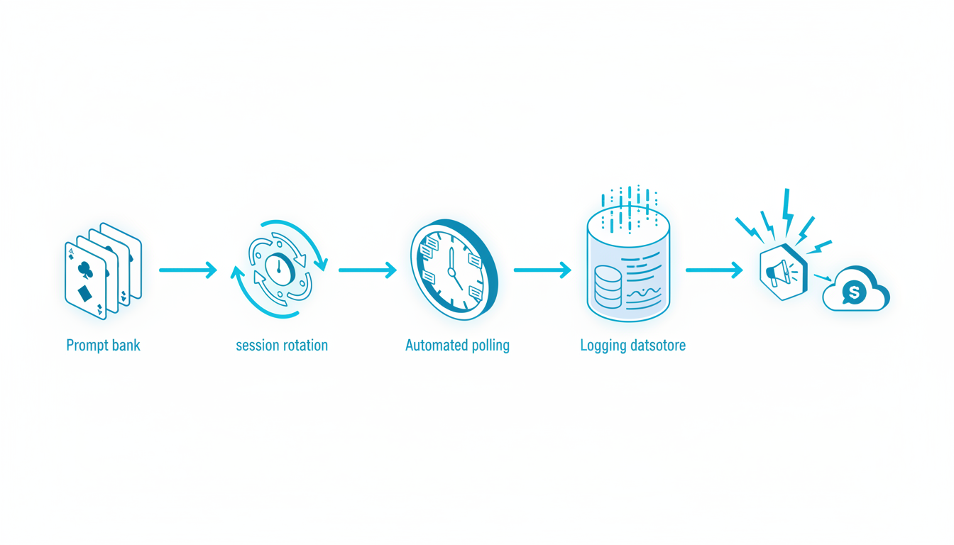 An isometric monitoring architecture scene showing five labeled-by-icon components arranged in a workflow (visual-only icons, no text): a deck of prompt cards (prompt bank), a cluster of rotating session arrows (session rotation), a scheduler clock with queued tasks (automated polling), a cylindrical datastore with streaming log lines (logging datastore), and a compact alert hub sending cyan notification rays to a Slack-style channel; consistent modern illustration style, white background with cyan accents on connectors, conveys real-time detection pipeline without literal labels, 16:9 aspect ratio