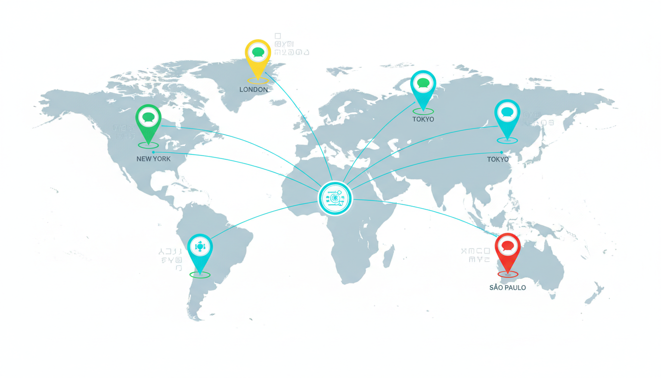 A geographic localization visualization: a clean world map with city-level pins (New York, London, Tokyo, S&atilde;o Paulo implied by pin placement) each overlaid by a small chat bubble whose color ring shows performance (green/yellow/red) and thin cyan connection lines streaming back to a central monitoring dashboard icon; include faint multilingual glyph motifs (abstract shapes, not text) near bubbles to imply language variation; polished modern look, brand cyan used subtly on connections and strong pins, white background, no text, 16:9 aspect ratio