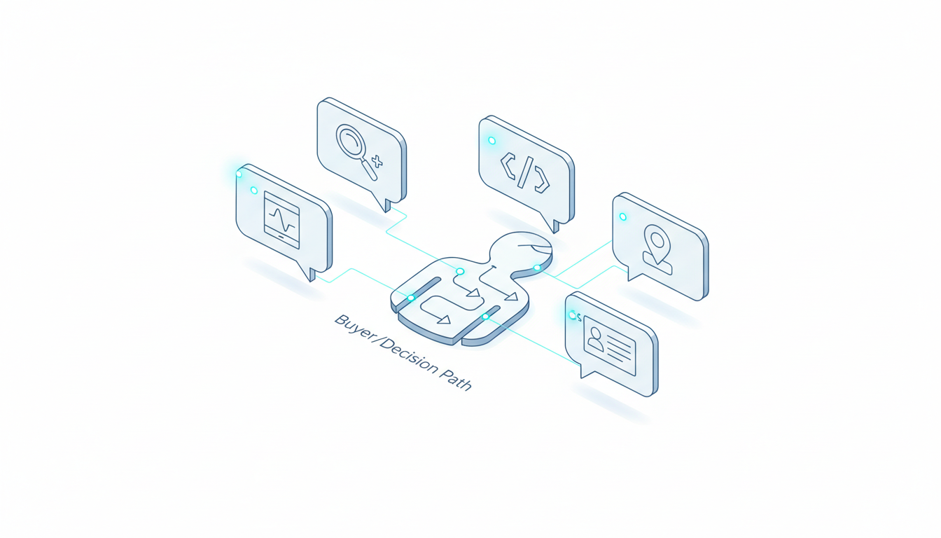 Isometric technical illustration on white background showing six distinct chat tiles arranged in a semicircle around a central buyer/decision-path silhouette: each chat tile is visually differentiated by a small unique icon (abstract magnifying glass, code bracket, map pin, citation/footnote mark, realtime waveform, and compact summary card) to imply ChatGPT, Claude, Gemini, Perplexity, Grok, and AI Overviews without using brand names; several tiles include tiny cyan-highlighted mention nodes (#00D9FF) and thin data-flow lines connecting tiles to the central decision path; clean vector lines, consistent perspective, no text or logos, professional modern style, 16:9 aspect ratio